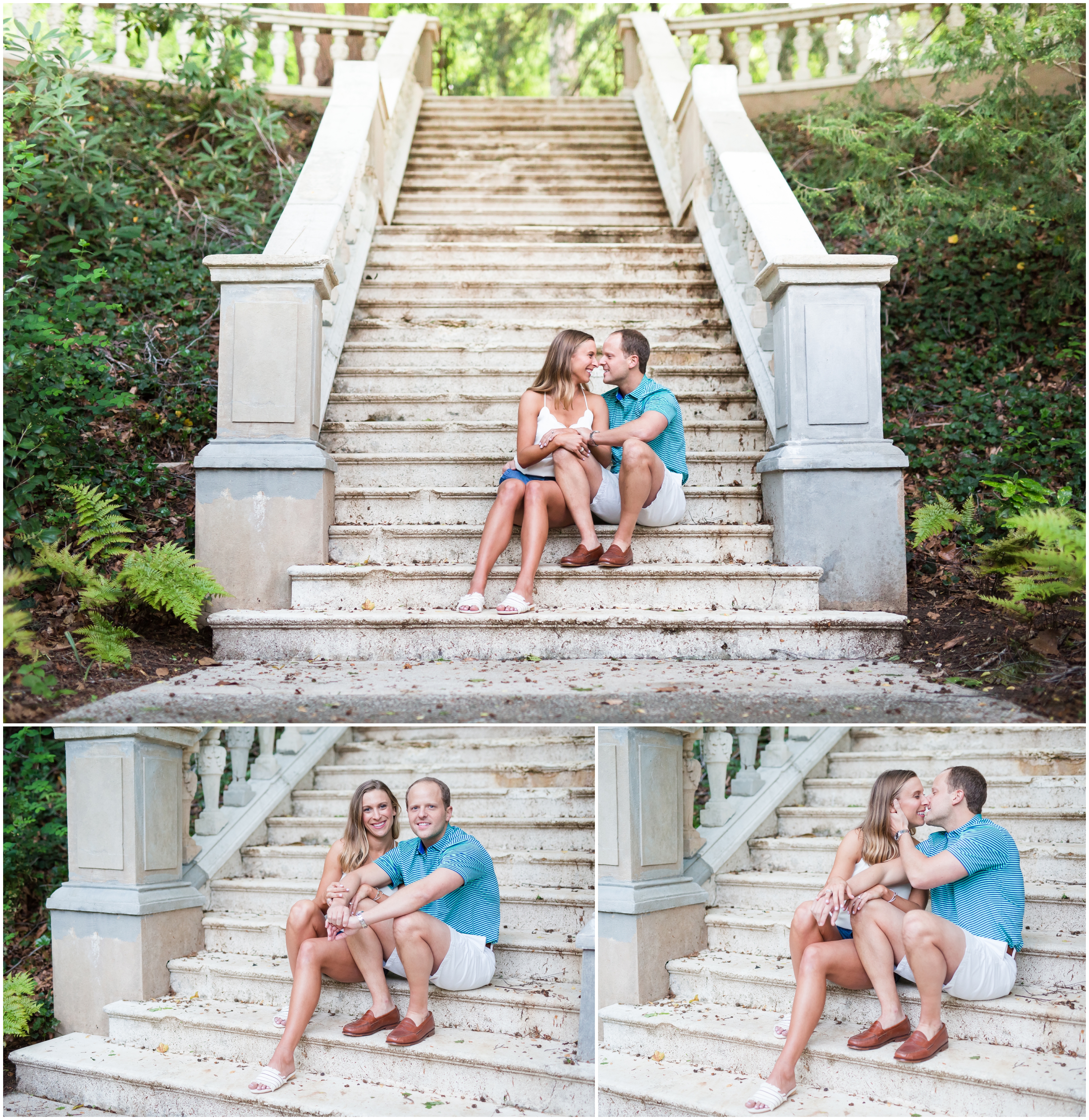 An engaged couple shares a kiss on the stairs at Cator Woolford Gardens
