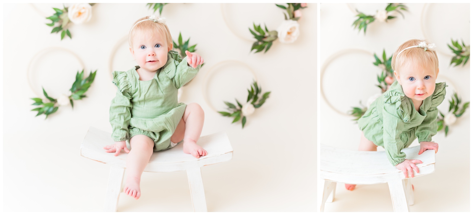1 year old in green romper sitting on stool, cake smash session, pink and cream flower hoops 