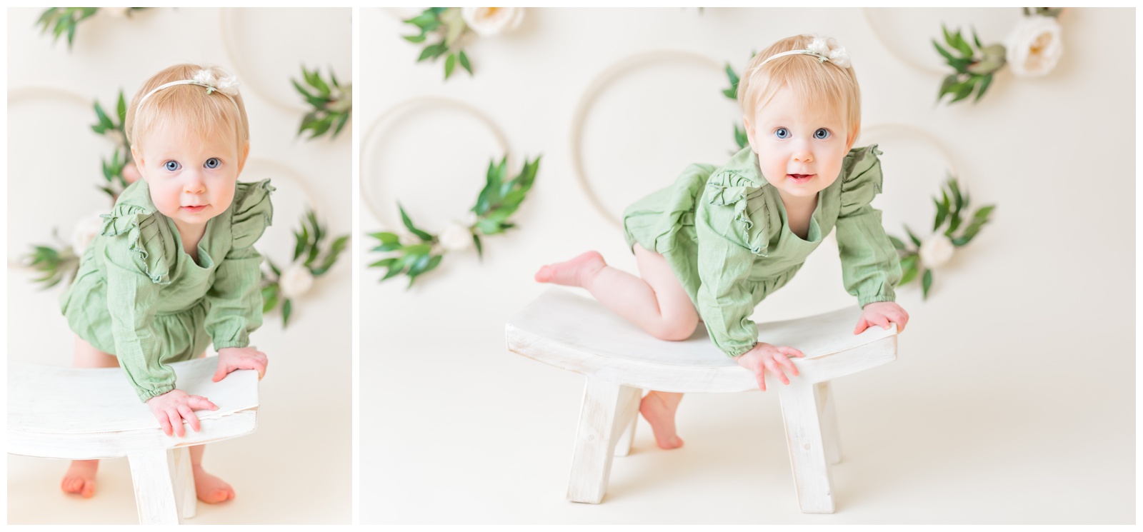 1 year old in green romper on stool, studio session